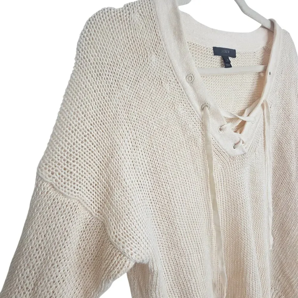 J. Crew Womens 100% Linen Lace Up Sweater Sz S Coastal Grandma Open Knit Boho